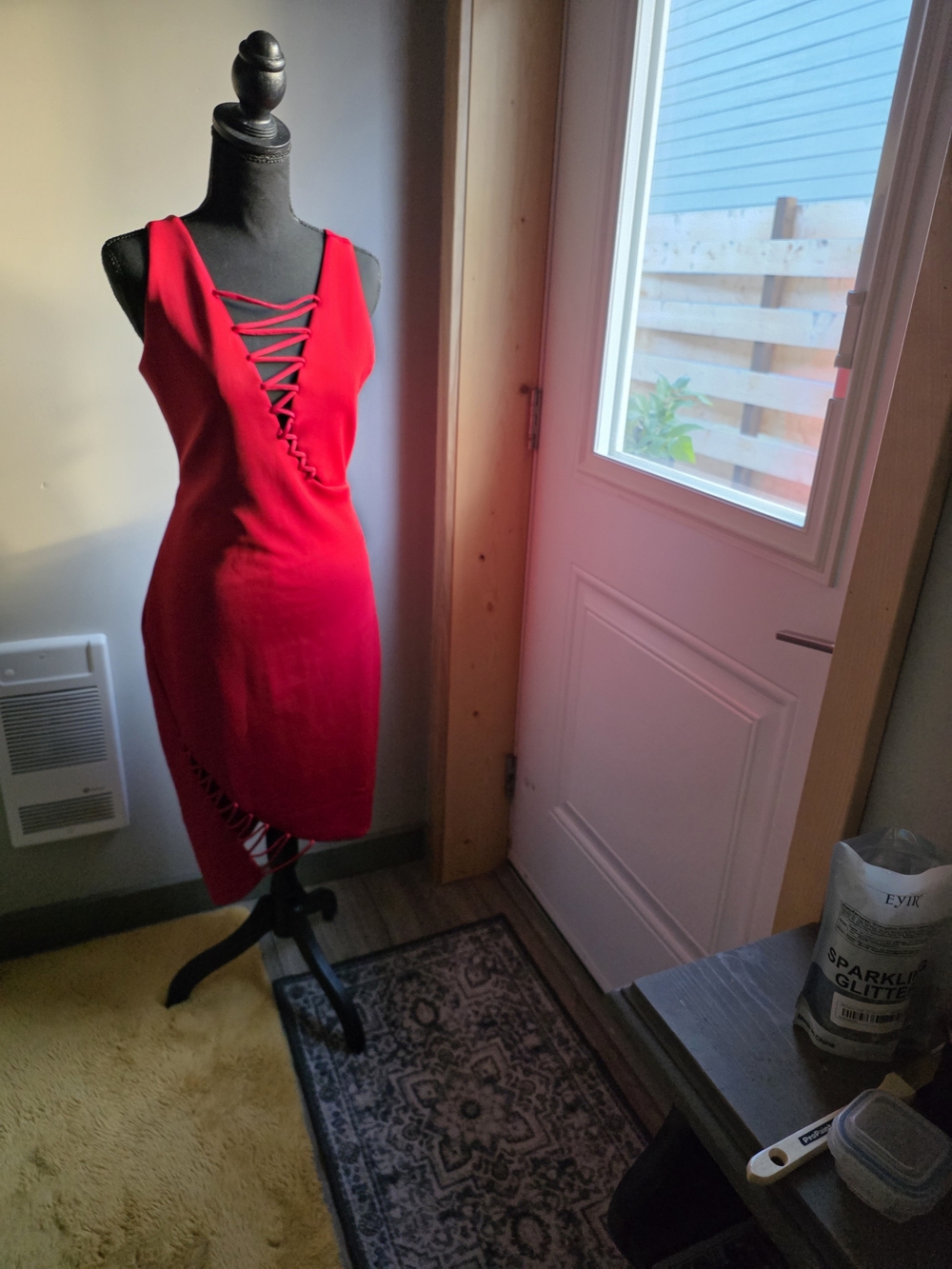 Red Lace-Up V-Neck Women’s Dress